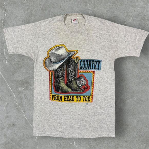 VTG Early 90s Country From Head to Toe Boots and Cowboy Hat Graphic Shirt - L - Picture 1 of 7